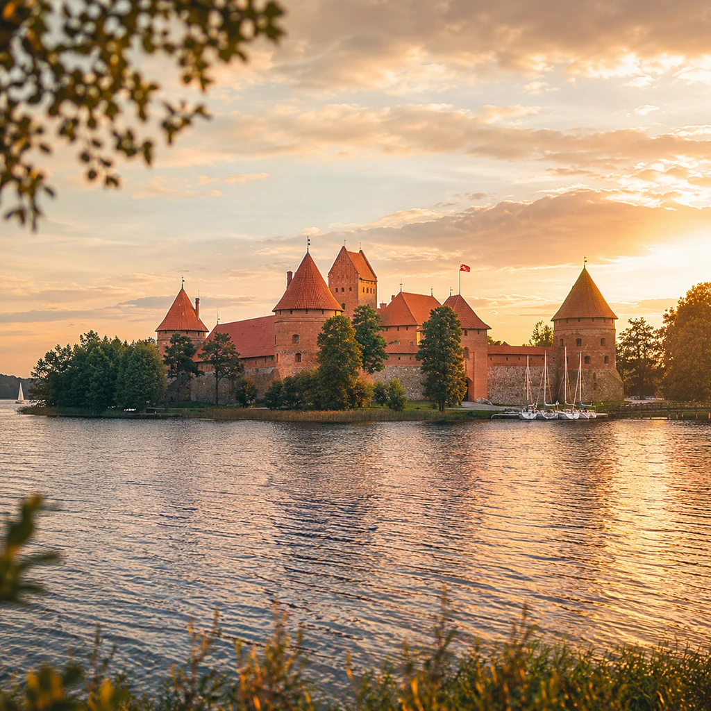 Trakų salos pilis, ežero vanduo ir mediniai tilteliai